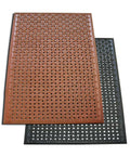 Anti Slip Kitchen Mat For Grease Proof Safety In The Kitchen Chef Mats With Beveled Edge Three Eighths Inch Thick Three By Five Feet Black Nitrile Rubber Durable Dishwasher Safe And Easy To Clean stacked with brown and black mats