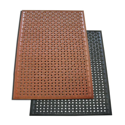 Anti Slip Kitchen Mat For Grease Proof Safety In The Kitchen Chef Mats With Beveled Edge Three Eighths Inch Thick Three By Five Feet Black Nitrile Rubber Durable Dishwasher Safe And Easy To Clean stacked with brown and black mats