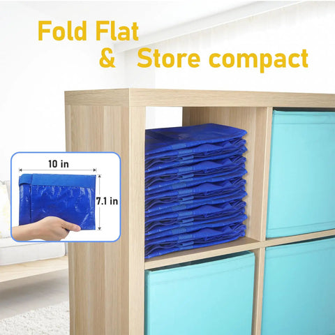 8 Pack Extra Large Moving Bags With Zippers And Carrying Handles, stacked flat in a cube organizer, blue color.