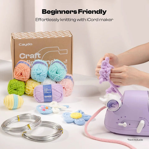 Aluminum Craft Wire and Acrylic Yarn Kit for I Cord Knitting Beginners Includes Eight 25 Gram Yarn Skeins and Two Rolls of Five Meters by Three Millimeter Wire for Easy DIY Handicraft Projects, visible with a knitting machine not included.