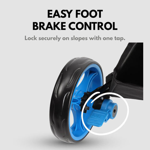 Three Wheel Golf Push Cart With Rock Solid Stability On Any Terrain Heavy Duty Stabilizer Rods Smooth Push And One Touch Braking For Effortless Control On Hills And Rough Fairways Black And Blue rear wheel brake close-up