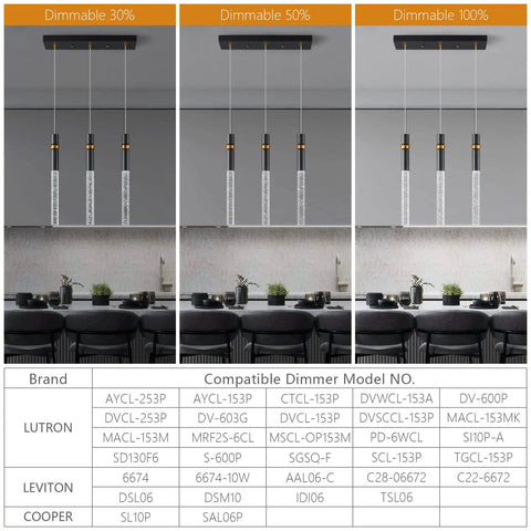 Sleek Black Mini Pendant Lights Set Of Three Dimmable LED Crystal Bubble Pendants over kitchen island with dimming chart