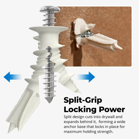Self Drilling Drywall Anchors With Screws Kit No Pre Drill Needed Anti Spin Grip showing split-grip locking power in drywall