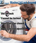 Man inspecting washing machine with issues, text about lid lock replacement. Lid Lock Assembly For Washing Machine 3 Wire Replacement Fits Whirlpool Maytag Amana Kenmore Crosley Door Latch No Fuss Easy Install Upgraded Parts Replaces W10838613 W11253733 PS12704713 visible.