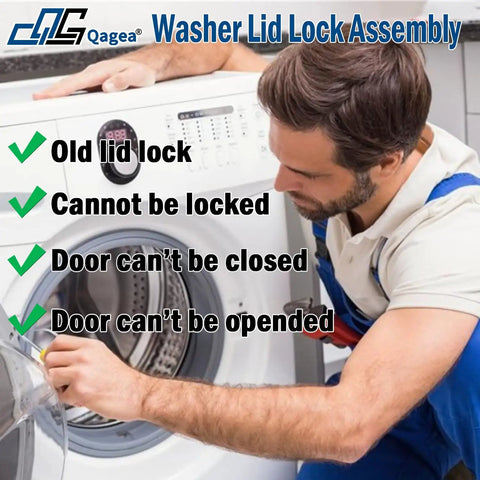 Man inspecting washing machine with issues, text about lid lock replacement. Lid Lock Assembly For Washing Machine 3 Wire Replacement Fits Whirlpool Maytag Amana Kenmore Crosley Door Latch No Fuss Easy Install Upgraded Parts Replaces W10838613 W11253733 PS12704713 visible.