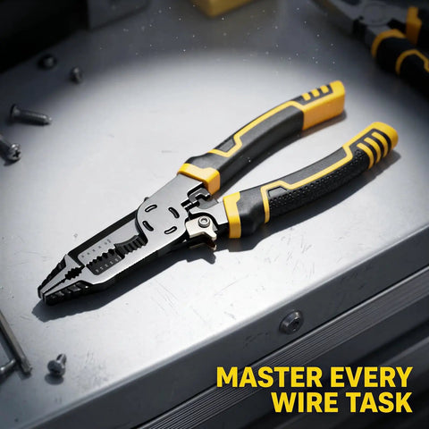 2 Pack 8 In 1 Wire Strippers With Crimper And Cutter Built In Chrome Vanadium Steel Body For Electricians Heavy Duty Multi Purpose Hand Pliers on a toolbox.