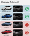 Center Console Organizer compatibility chart for Tesla Model Y 2021-2024 and Model 3 2021-2023 with selection checkmarks and crosses