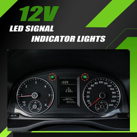 Car dashboard with 12V LED turn signal indicators, green arrows illuminated, 2 pack waterproof panel mount lights for car dash use.