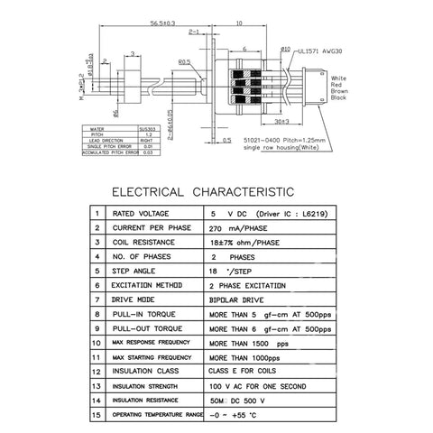 Electrical characteristics diagram of 10mm Lead Linear Screw Stepper Motor With 50mm Stroke Slide Nut Assembly DC 5V specifications.