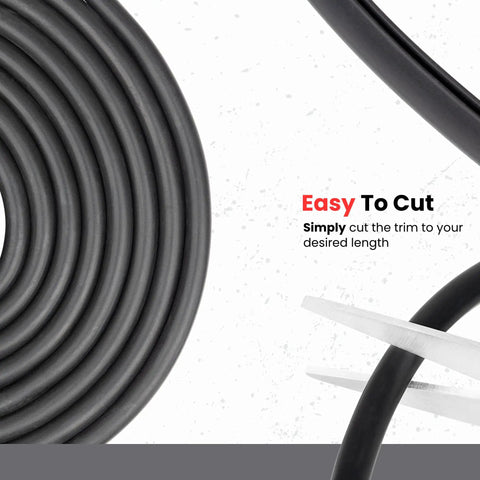 Black U Channel Edge Trim Seal EPDM 33/64 Inch High By 11/32 Inch Wide roll being cut to size with scissors