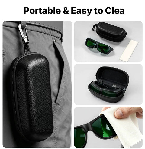 Shop Ready Laser Safety Glasses Featuring Od6 Plus And Od7 Plus Filters in a black portable case with cleaning cloth.