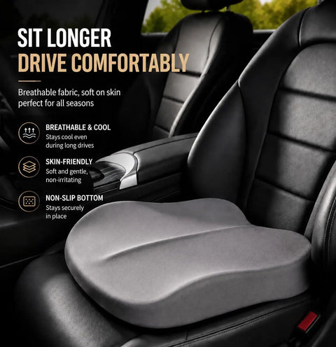 Premium Car Seat Cushion Height Boost For Mini John Cooper Works Electric 2025 And Most Vehicles, non-slip grey booster on black leather seat.