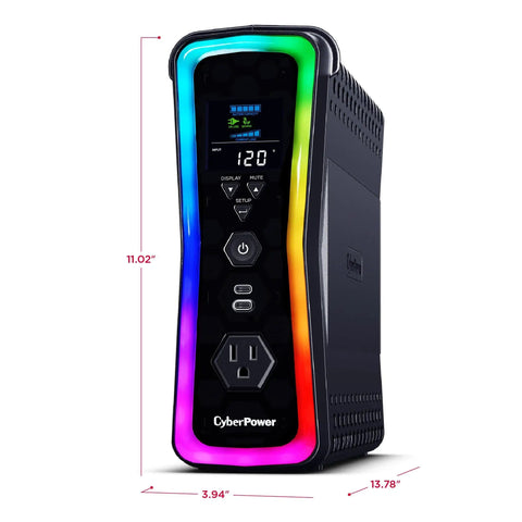 Front view of Gaming UPS Battery Backup And Surge Protector 1500VA 1000W, 13 Outlets, RGB Lighting, USB C Charging, UL Certified