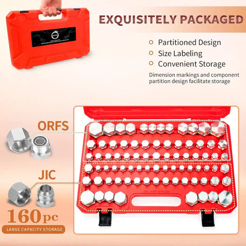 Heavy Duty Pro Grade Hydraulic Cap And Plug Kit With JIC And ORFS Fittings in red blow-molded box, 160-piece set displayed