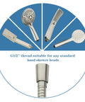 Extra Long 96 Inch Stainless Steel Hand Held Shower Hose With Brass Insert In Brushed Nickel showcasing various shower head options.