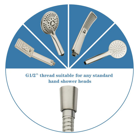 Extra Long 96 Inch Stainless Steel Hand Held Shower Hose With Brass Insert In Brushed Nickel showcasing various shower head options.