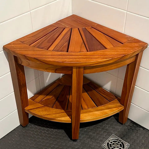 Teak Corner Shower Bench 18 Inch With Storage Shelf For Inside Shower Waterproof Teak Bath Chair Non Slip Drainage Shower Seat Durable Bathroom Spa Bench Assembly Required in corner