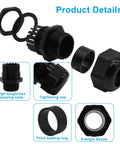 Waterproof Black Nylon Cable Glands Kit showing components like clamping claw, tightening cap, and sealing ring in detail