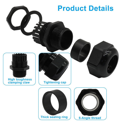 Waterproof Black Nylon Cable Glands Kit showing components like clamping claw, tightening cap, and sealing ring in detail