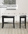 Waterproof Bamboo Shower Bench And Stool With Storage Shelf For Inside Shower Black Your Bathroom Sidekick Sturdy Anti Slip Seat Supports Up To 300 Lbs And Cleans Easy For Wet Zones, shown with dimensions and weight capacity.