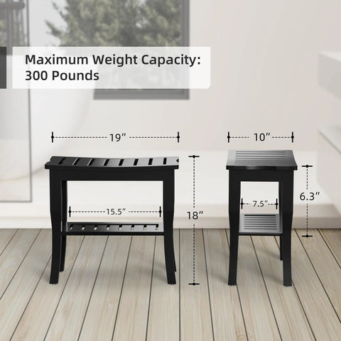 Waterproof Bamboo Shower Bench And Stool With Storage Shelf For Inside Shower Black Your Bathroom Sidekick Sturdy Anti Slip Seat Supports Up To 300 Lbs And Cleans Easy For Wet Zones, shown with dimensions and weight capacity.