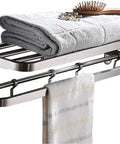 Stainless Steel Towel Rack With Double Towel Bar And Hooks For Bathroom Wall Mounted Shelf Slick Space Saving Foldable Brushed Nickel Finish Heavy Duty All In One Multifunctional Storage Organizer Rustproof 304 Stainless Steel Construction