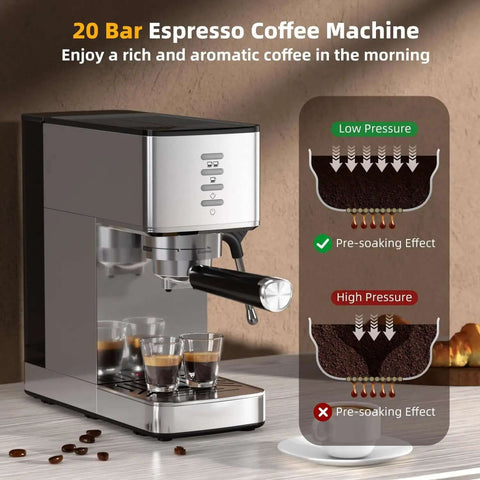 20 Bar Espresso Machine With Rapid Cold Brew Hot And Iced Coffee Maker Built In Steam Wand Touch Screen 37 Oz Water Tank Perfect For Lattes And Cappuccinos Great Gift For Coffee Lovers in stainless steel with coffee cups displayed