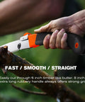 Folding Saw For Backpacking And Camping With A 14 Inch Blade being used to cut a branch, showing SK5 steel teeth and ergonomic handle.