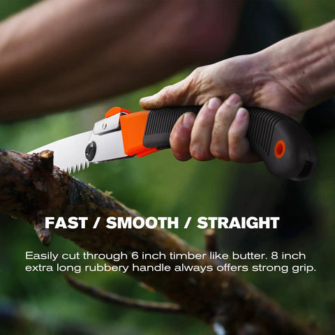 Folding Saw For Backpacking And Camping With A 14 Inch Blade being used to cut a branch, showing SK5 steel teeth and ergonomic handle.