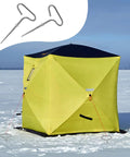 Go To Ice Shelter Anchor Kit For Ice Fishing Setup with yellow pop-up tent and drill adapter, includes 4 8-inch pegs.