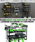 Garage Wall Mount Tool Organizer With Four Layer Storage Rack And Eight Drill Holders For Cordless Drills, Hammers, Pliers And Screwdrivers installed on wall and filled with tools in workshop setting.