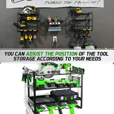 Garage Wall Mount Tool Organizer With Four Layer Storage Rack And Eight Drill Holders For Cordless Drills, Hammers, Pliers And Screwdrivers installed on wall and filled with tools in workshop setting.