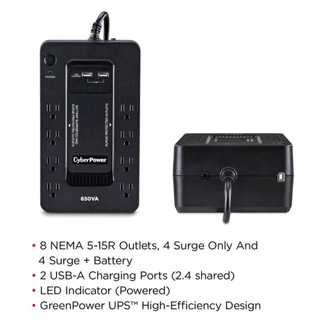 650 VA UPS Battery Backup With Eight Outlets For Home Office, front and back view, showing external design, long power cord.