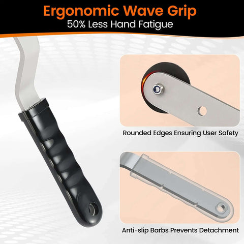 Close-up of 16 Inch Steel Duct Stretcher with Ergonomic Wave Grip and Extended Bend for Extra Clearance showing rounded edges and anti-slip barbs.