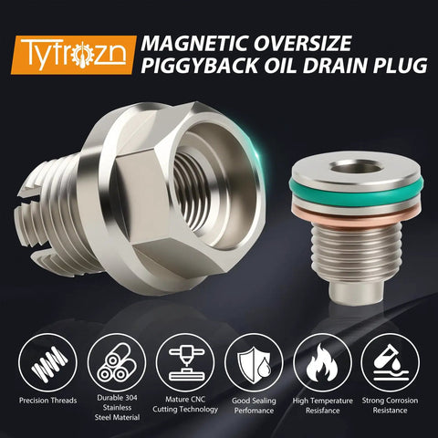 Oversize 1/2-20 Magnetic Piggyback Oil Drain Plug Kit showing stainless steel construction and sealing system