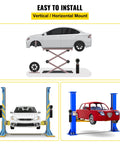 Hydraulic car lift system illustration showing a sedan on a scissor lift and two blue two-post lifts with cars.