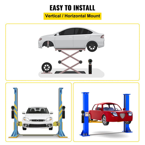 Hydraulic car lift system illustration showing a sedan on a scissor lift and two blue two-post lifts with cars.