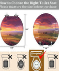 Elongated Slow Close Toilet Seat Farmhouse Style for Bathroom, 14.5" x 18.5" with sunset design and measurement guide.