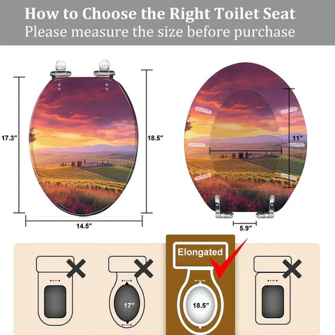 Elongated Slow Close Toilet Seat Farmhouse Style for Bathroom, 14.5" x 18.5" with sunset design and measurement guide.