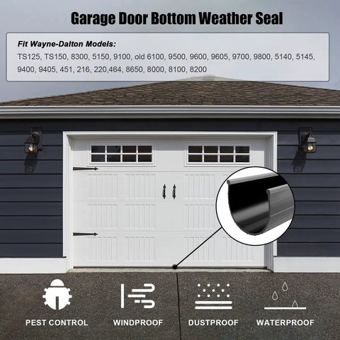 Replacement Garage Door Bottom Weather Seal For TS125 TS150 8300 5150 9100 9600 9700 9800 9400 451 216 220 464 8650 8000 8100 8200 20 Feet Long Heavy Duty Weather Stripping To Stop Drafts Water And Cold Air Seepage shown on garage door