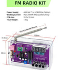 FM Radio Kit For Beginners With Soldering Practice And Electronics Learning Project, purple PCB in transparent case with dimensions.