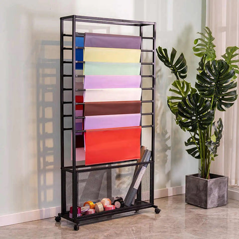 Heavy Duty Steel Mobile Cart And Fabric Roll Storage Rack For Textile Wallpaper Organizing With 200Kg Capacity And Slick Lockable Casters that displays vibrant fabric rolls.