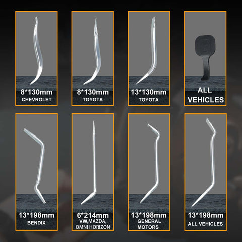 Various brake adjustment spoons from 16Piece Drum Brake Tool Kit Pro Grade With Brake Spring Pliers for Chevy, Toyota, VW, Mazda.