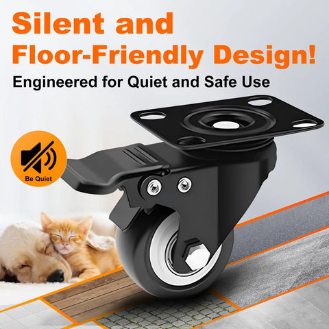 2 Inch Heavy Duty Plate Casters With Brakes, 4 Pack, 600 Lb Capacity, 360 Degree Quiet Swivel Wheels, Polyurethane PU For Furniture