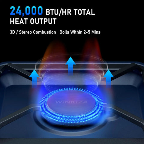 Beefy Two Burner Camp Stove With Foldable Griddle, Portable 24000 BTU Propane Stove For Camping - blue flames from burner