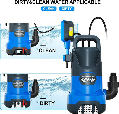 Sump Pump Submersible Beast 3500 GPH 750W Portable Transfer Electric Utility Water Pump with Automatic Float Switch showing dirty and clean water capability.