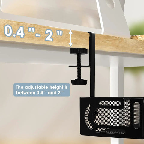 25 Inch Under Desk Cable Management Tray No Drill Clamp Heavy Duty Metal Cord Organizer for standing desk, clamp view showing 0.4 to 2 inch adjustment