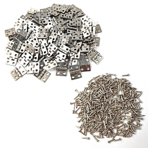 Rock Solid 100 Piece Mini Metal Hinges 10 X 8mm 180 Degree Smooth Swinging Hardware For Jewelry Chests Dollhouse Cabinets And Diy Woodworking With Screws Included, showing hinges and screws.