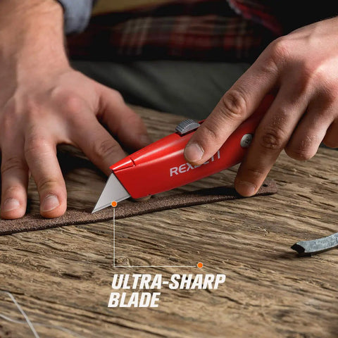 Close-up of Beefy Heavy Duty Aluminum Box Cutter Knife Set, 4 Pack Retractable Utility Knives, red knife cutting material.