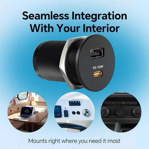 Blazing Fast 118W 12V USB Socket Featuring 100W Type C Car Charger showing black dual USB output for seamless installation in vehicles.
